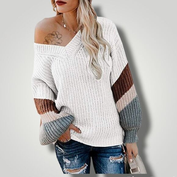 OVERSIZED DROP SHOULDER KNIT COLORBLOCK SWEATER BOHO BEACHY COASTAL GRANNY - Picture 10 of 10